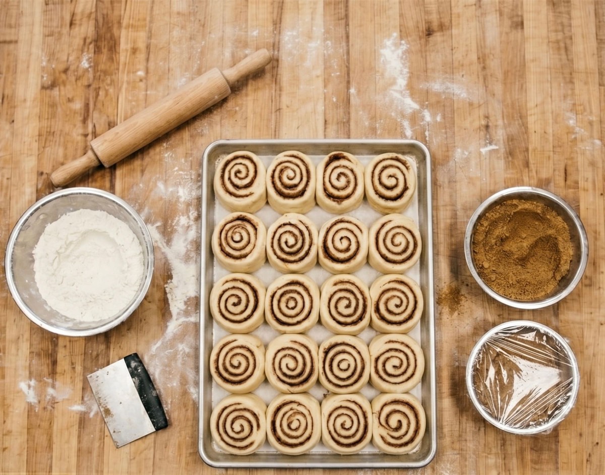 a tray of cinnamon rolls before the oven, with flour and a rolling pin