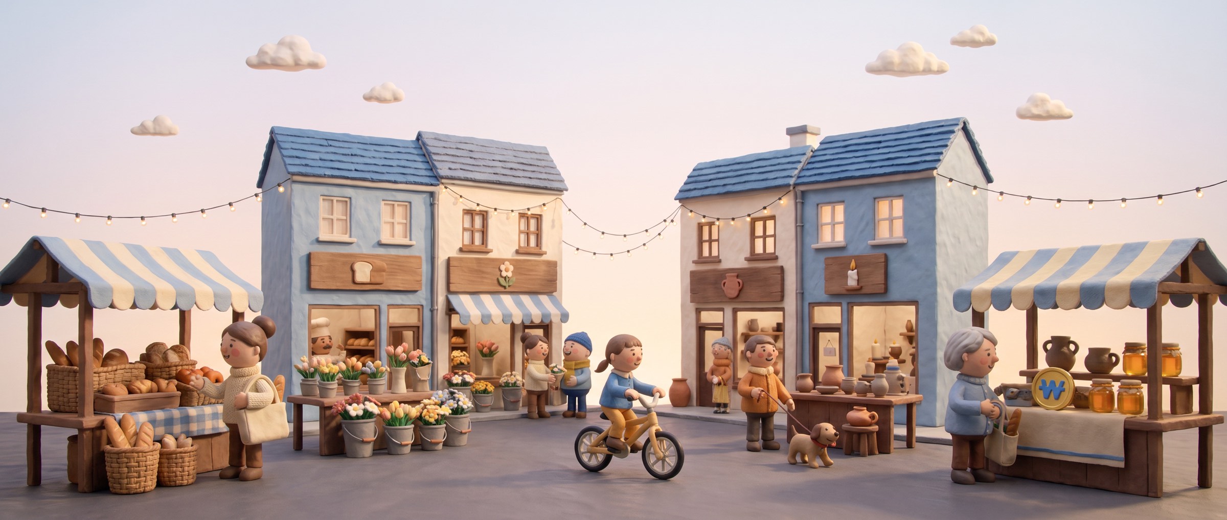claymation: market day in a little town square, with bread, flower, pottery and honey stalls and neighbors chatting