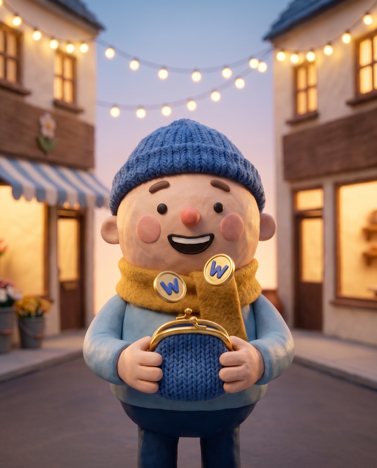 the little clay shopper holding open a knitted coin purse as two warebucks drop in