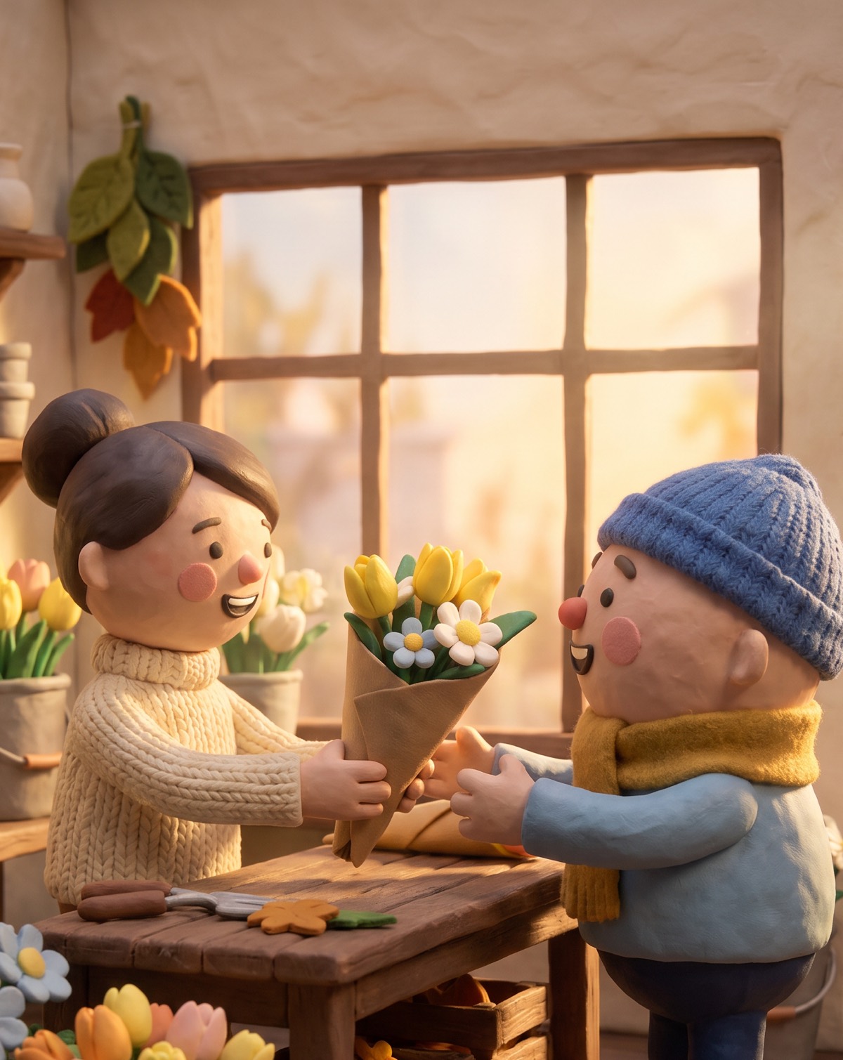 a clay florist handing a bouquet of yellow tulips to the little wareby shopper