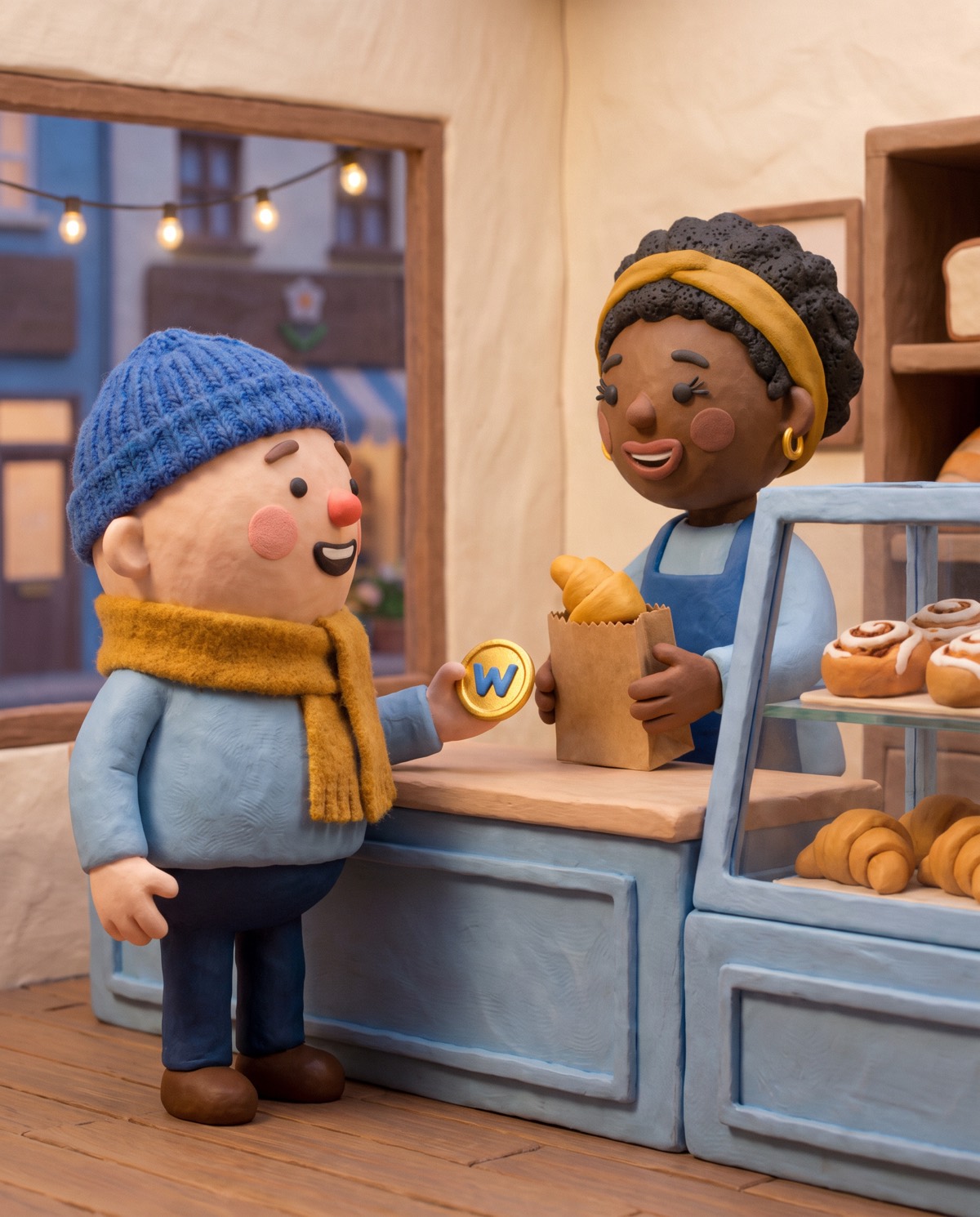the little clay shopper handing a warebuck to a smiling baker for a croissant
