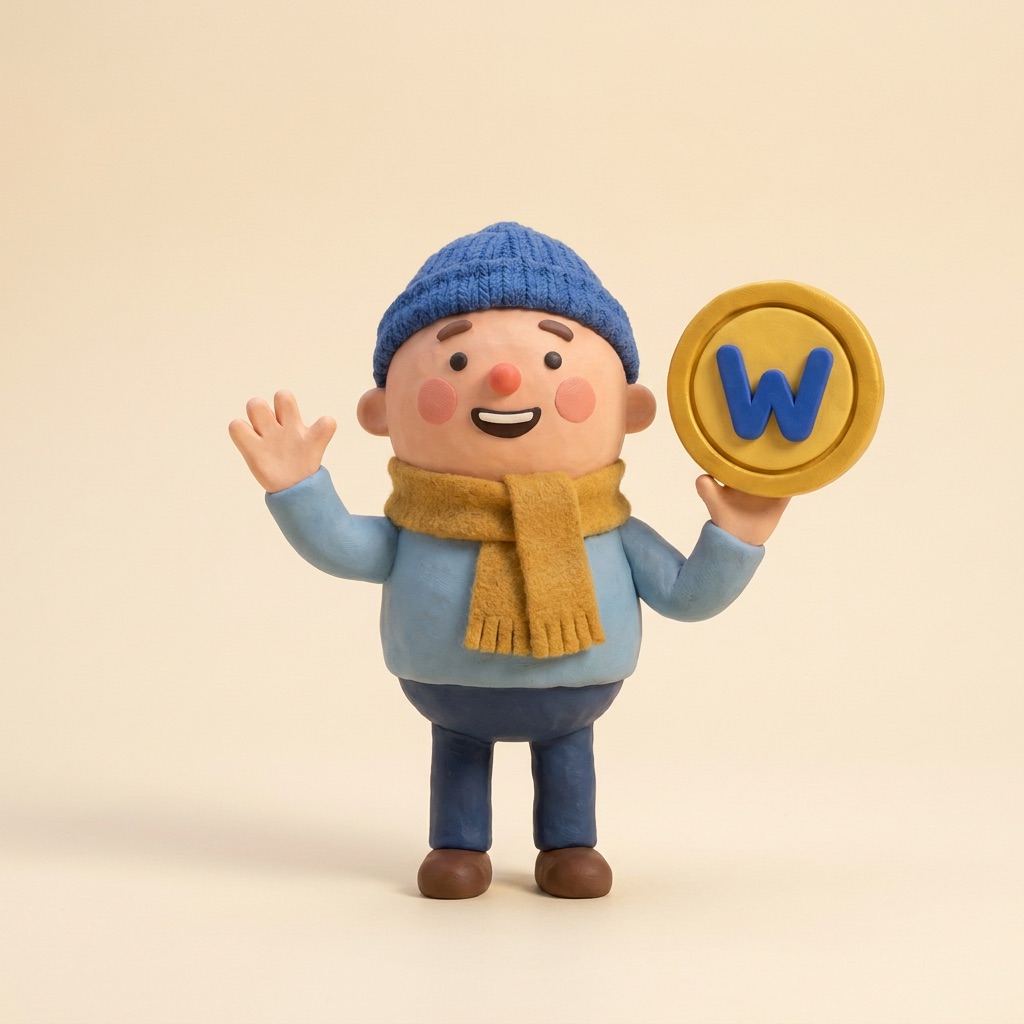the little clay shopper waving and holding up a warebuck