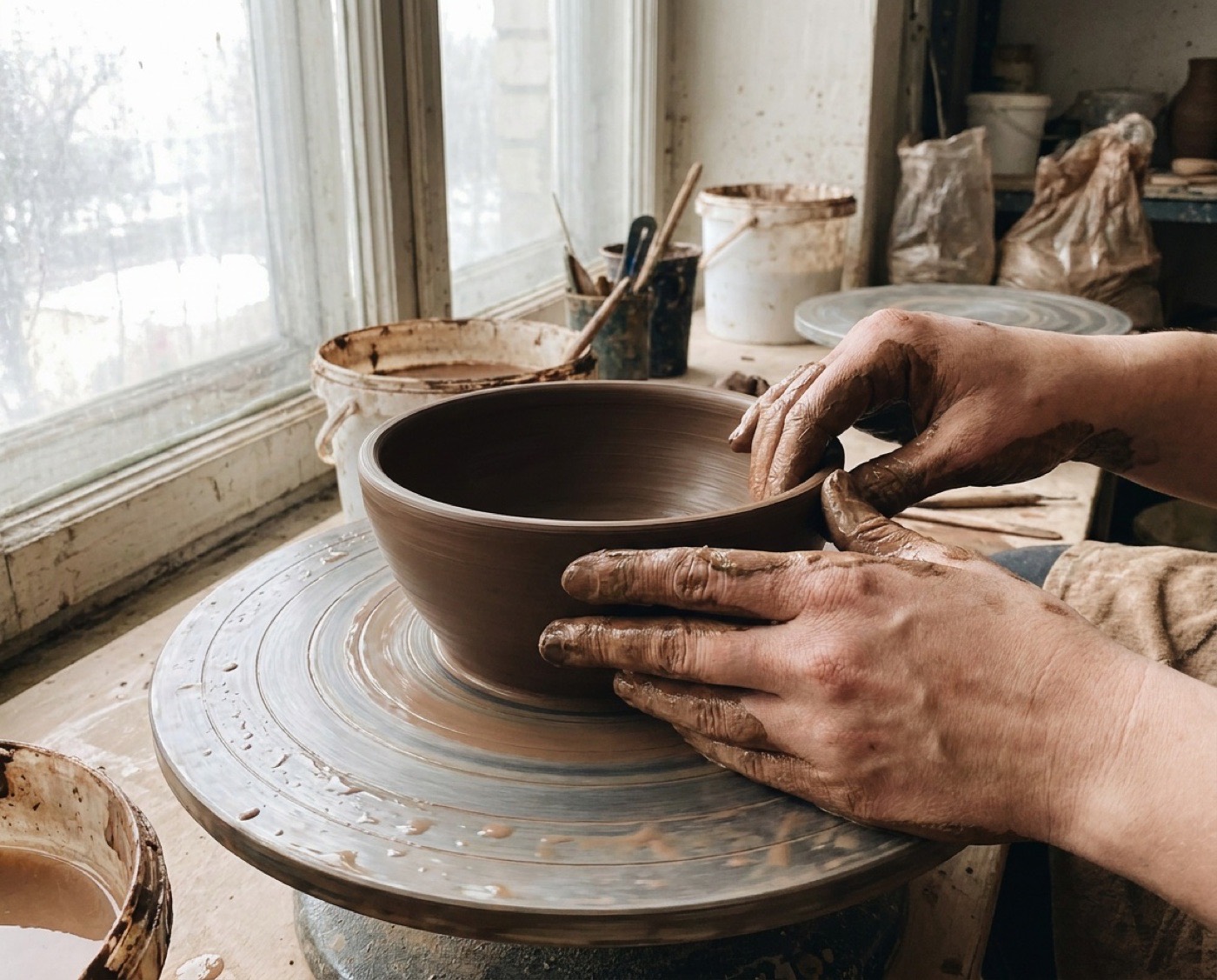 hands shaping the rim of a clay bowl