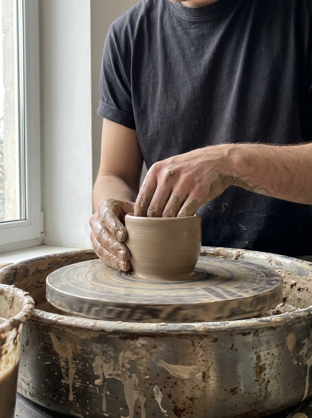 a potter shaping a cup on the wheel