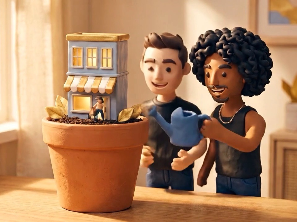 two clay shop owners watering a tiny storefront growing out of a flower pot