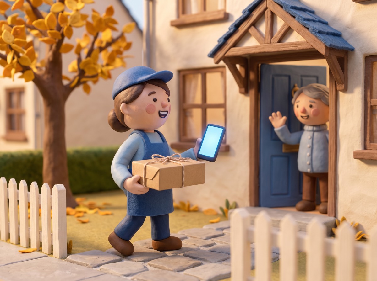 a clay home baker carrying a bakery box up the path to a neighbor’s front door