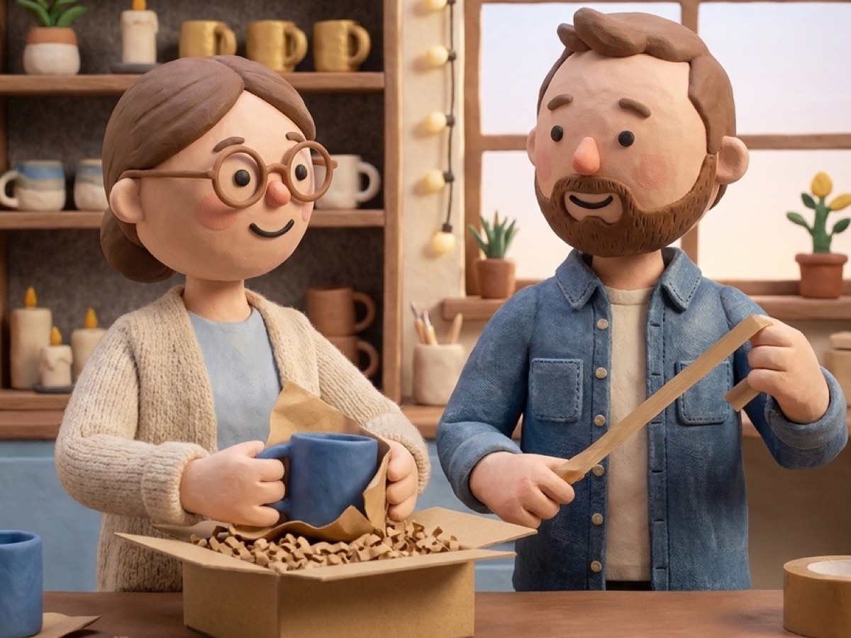 two clay makers packing a handmade blue mug into a box of paper shred