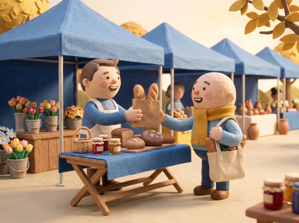 a clay baker handing a bag of bread to a neighbor at a farmers market stall under blue tents
