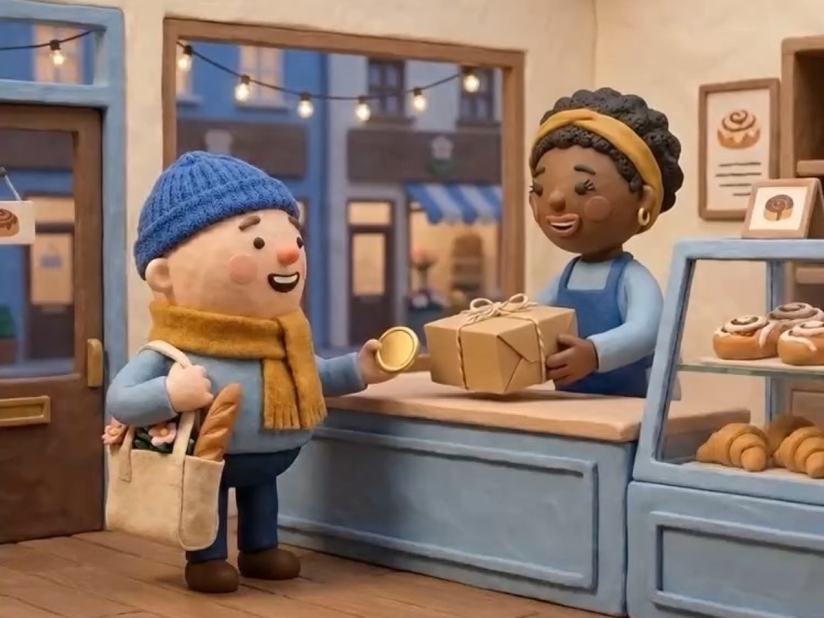 a clay baker handing a wrapped gift box across her bakery counter to a shopper