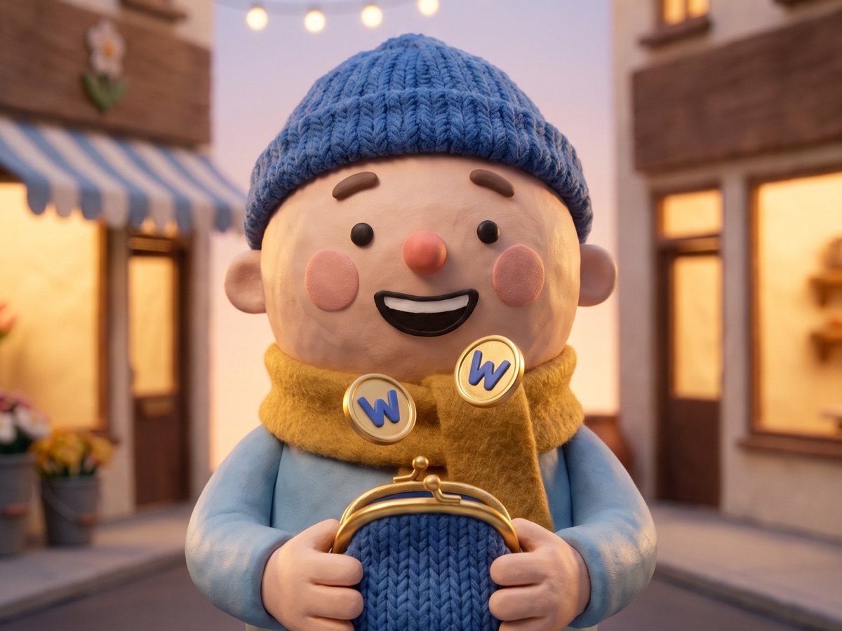 a clay shopper in a blue hat holding a coin purse on a street strung with lights