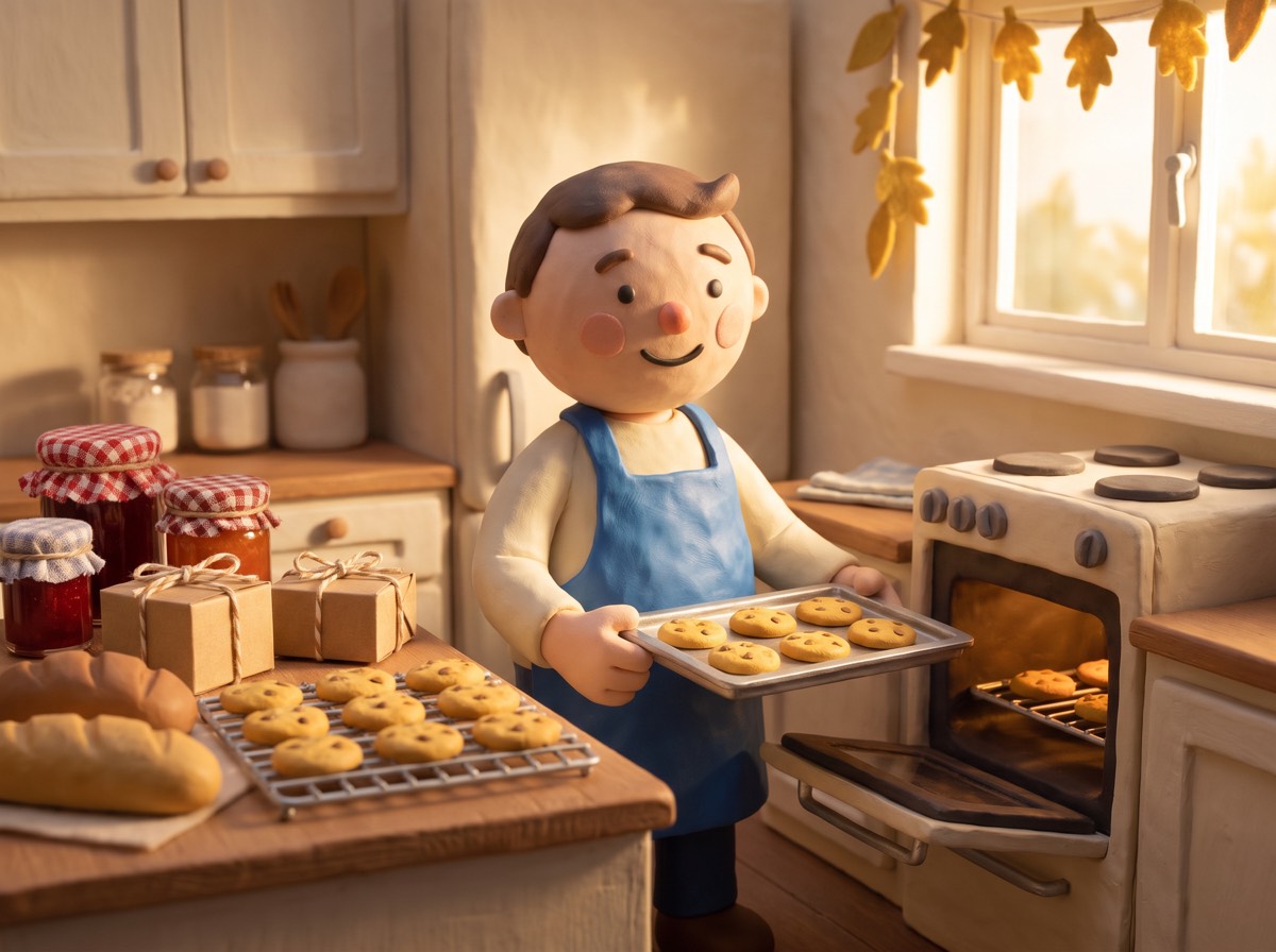 a clay home baker taking a tray of cookies out of the oven in a cozy kitchen