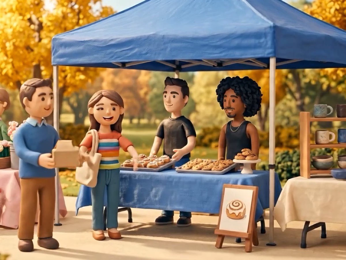 two clay bakers selling rolls under a blue market tent while neighbors line up
