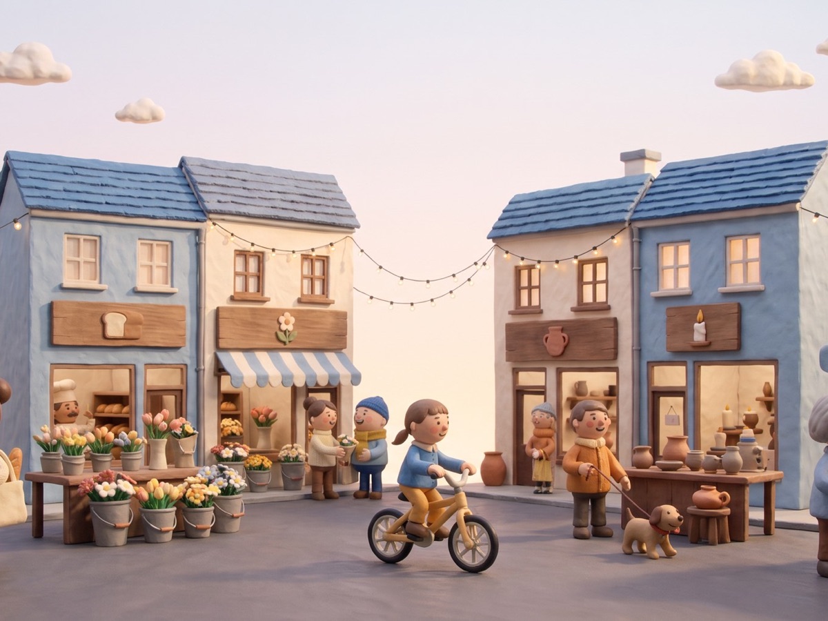 a clay town square of little shops with market stalls out front and a kid riding past on a bike