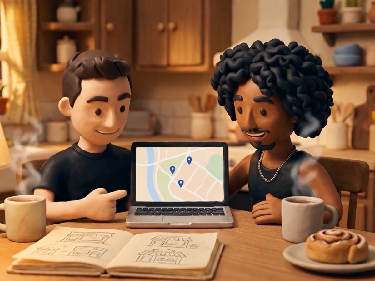 two clay shop owners at a kitchen table, pointing at a map with pins on a laptop