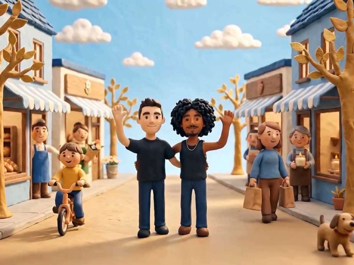 two clay shop owners waving on a sunny street lined with little shops