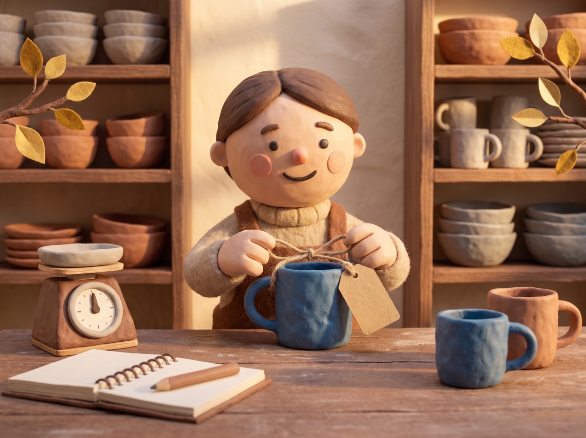 a clay potter tying a price tag onto a handmade blue mug