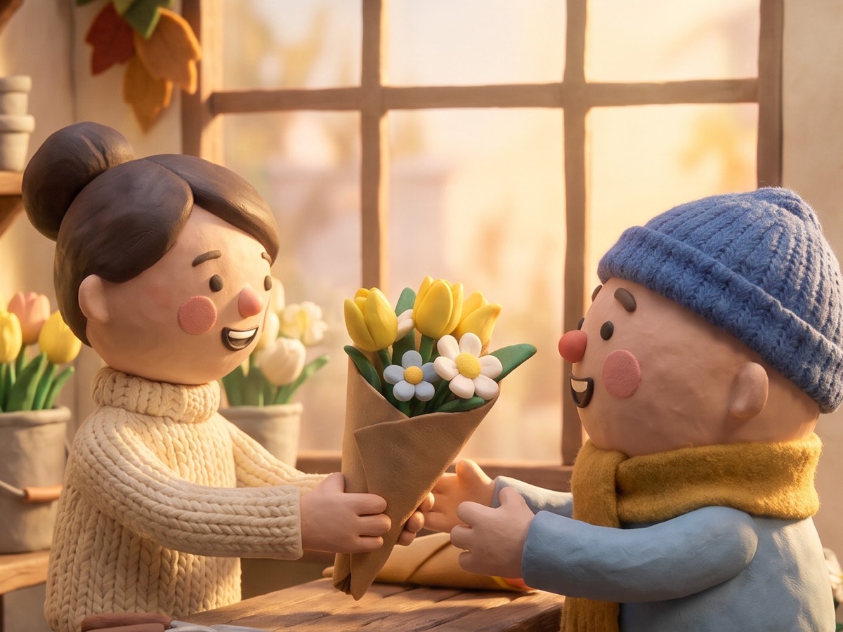 a clay florist handing a wrapped bouquet across her workbench to a smiling shopper