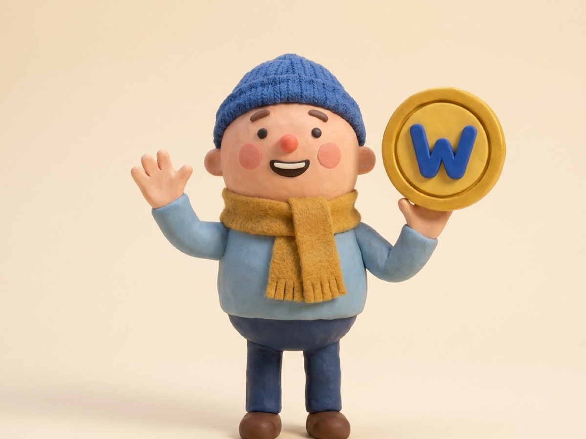 a clay shopper in a blue hat waving and holding up a big gold coin
