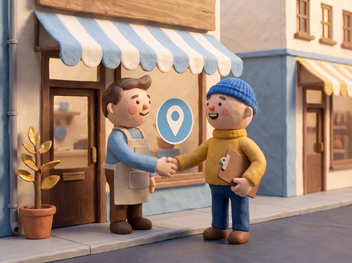 a clay shop owner shaking hands with a neighbor holding a clipboard, in front of a small shop