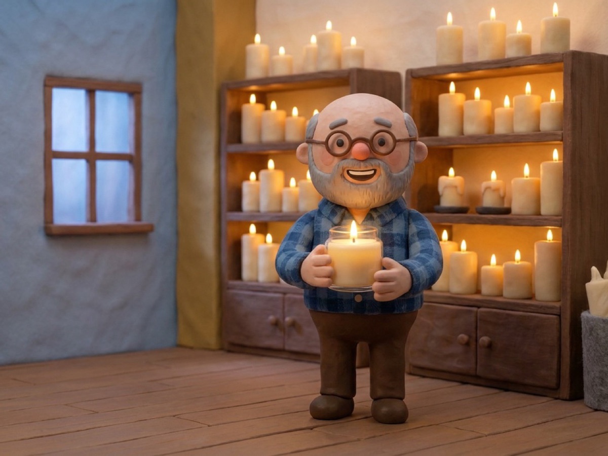 a clay candle maker holding a lit candle in his shop, with shelves of glowing candles behind him