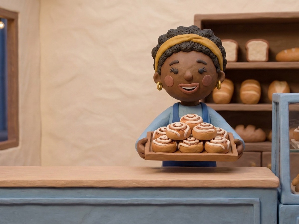 a clay baker smiling behind her counter, holding a tray of cinnamon rolls