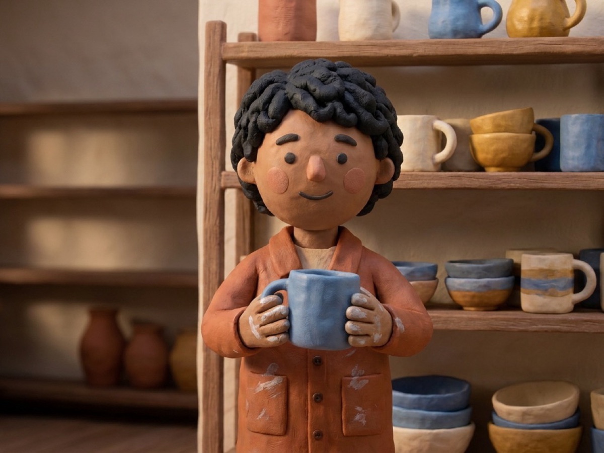 a clay potter holding a blue mug in her shop, with shelves of handmade cups and bowls behind her