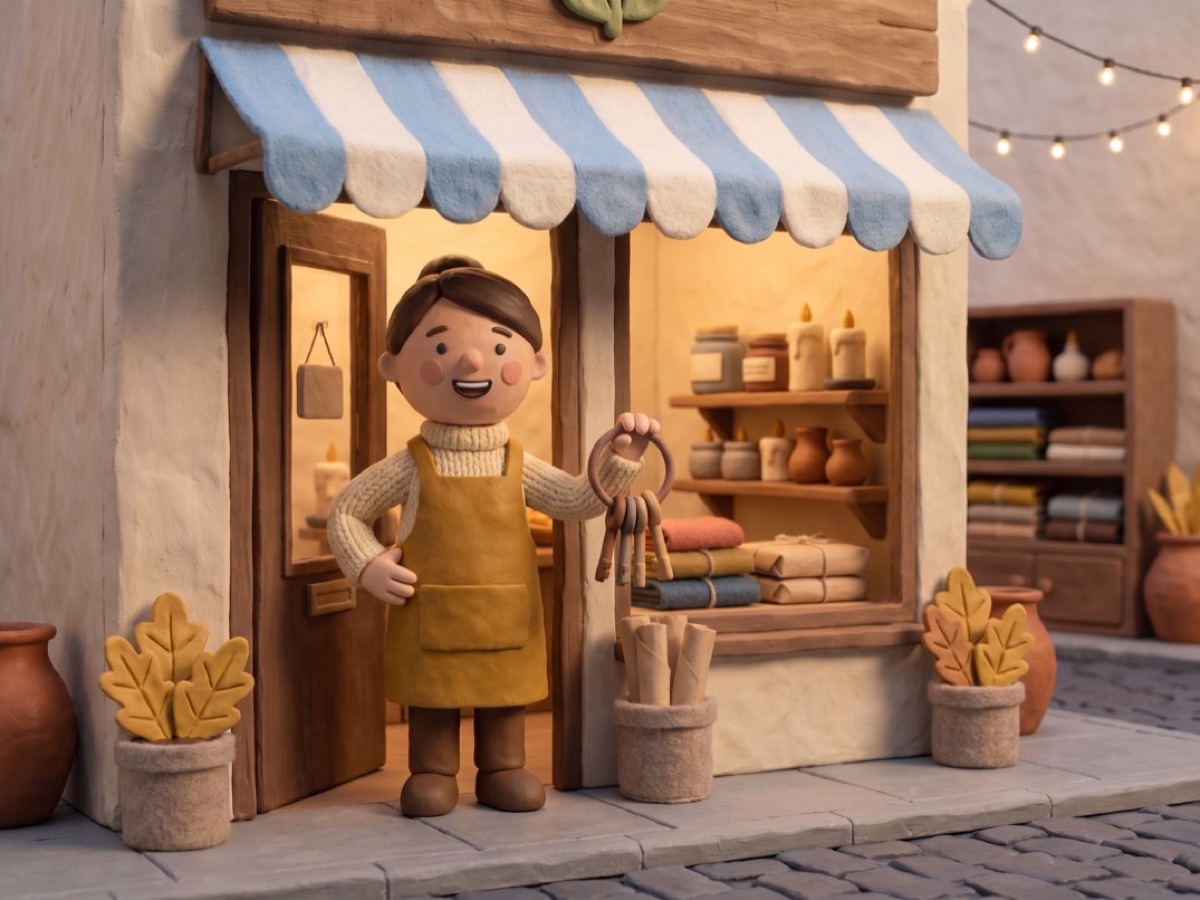 a clay shop owner holding up her keys in front of her striped-awning storefront