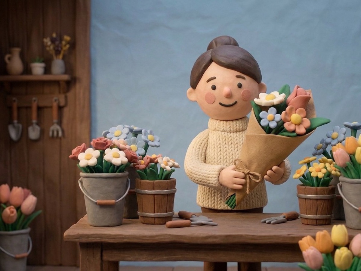a clay florist in her shop holding a fresh bouquet, with buckets of flowers on the counter
