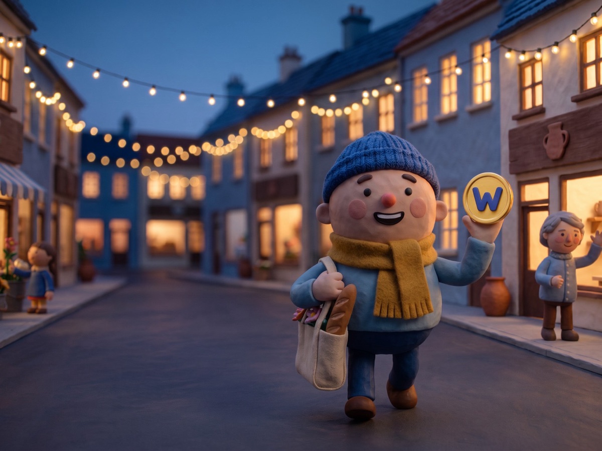 a clay shopper waving a warebuck on a lamp-lit street of little shops