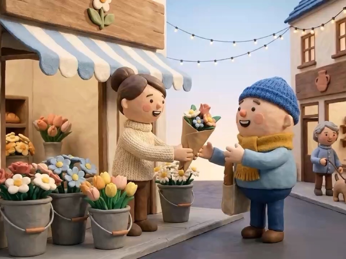 a clay florist handing a bouquet to a shopper outside her shop with a striped awning