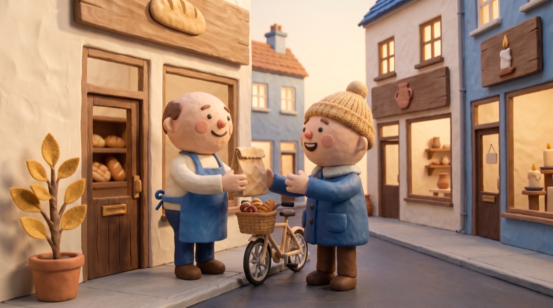 a clay baker handing a paper bag to a neighbor at the bakery door