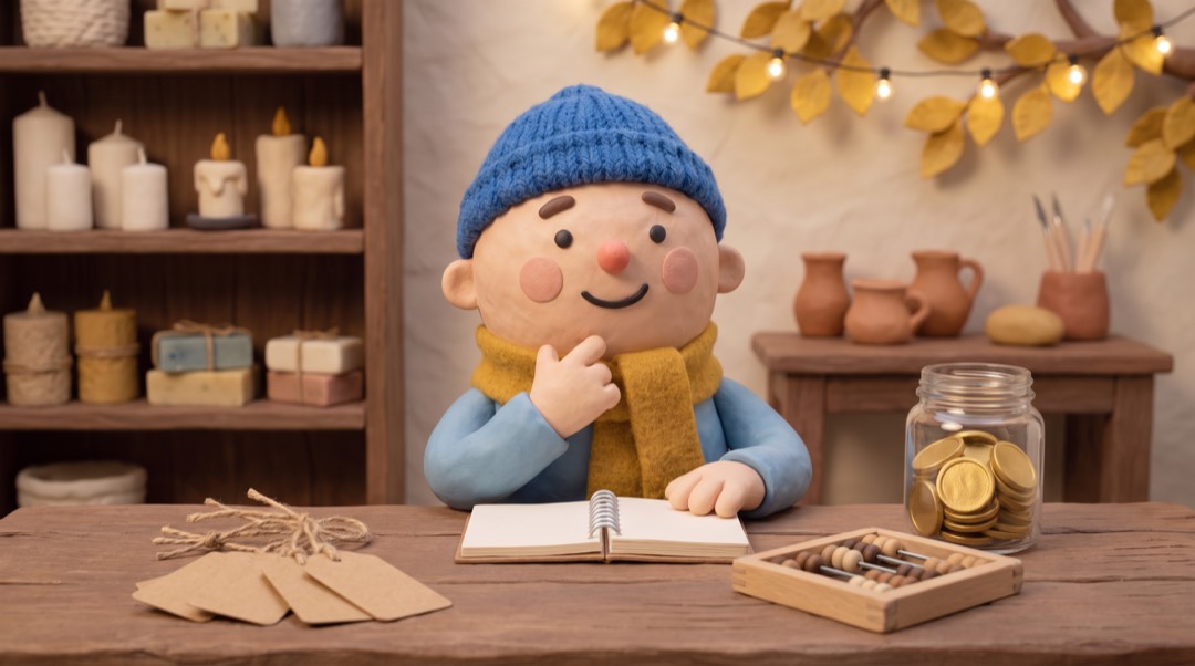 a clay maker working out prices with a notebook, price tags and a jar of coins