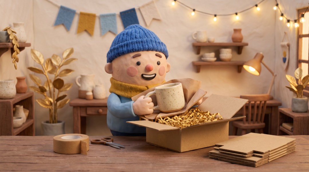 a clay maker packing a mug into a box with crinkle paper