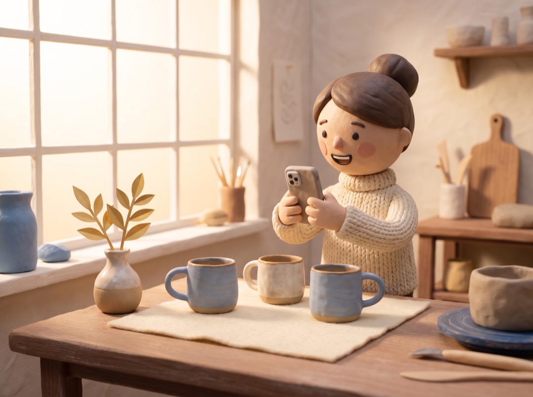 a clay maker photographing her mugs with a phone by a sunny window