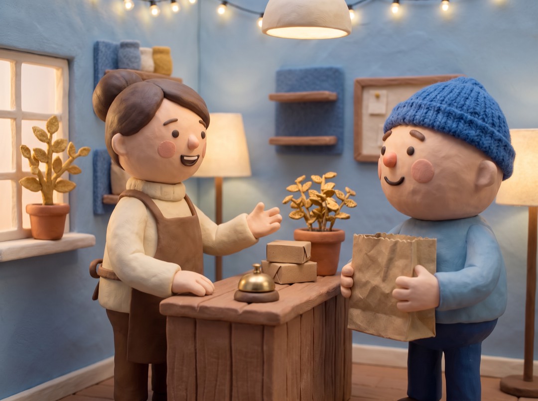 a clay shopkeeper helping a neighbor at a little shop counter