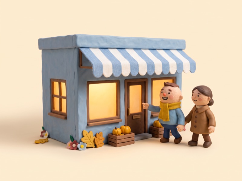 a small clay storefront with neighbors walking up to it