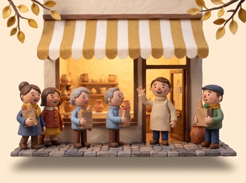 a busy clay shop with a happy crowd of regulars outside