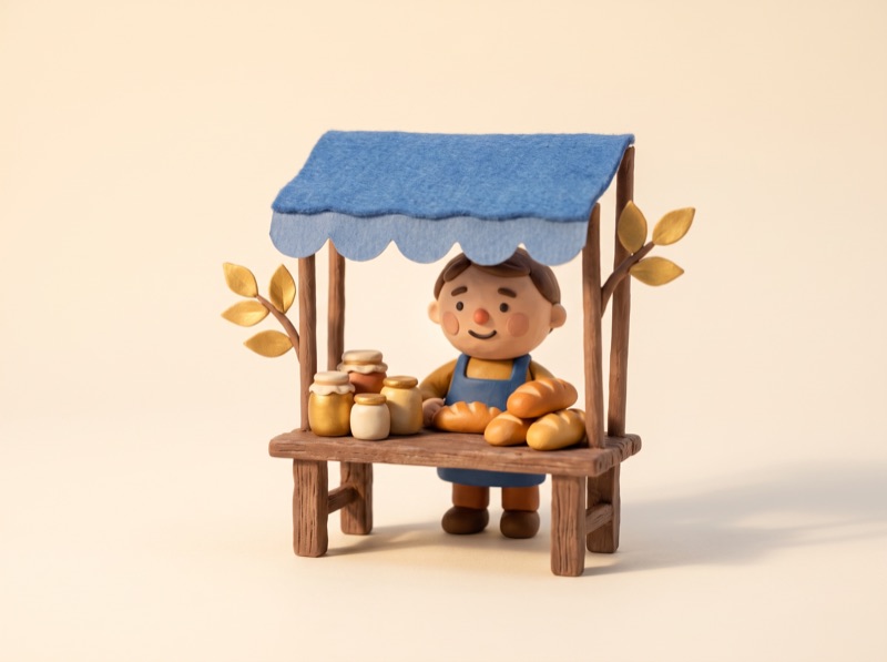 a tiny clay market stall with one maker