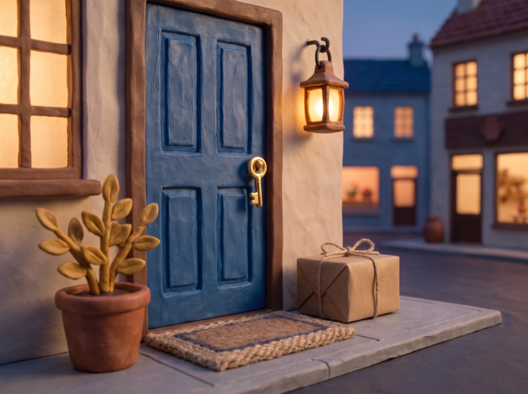 a blue front door with a gold key in the lock and a package waiting on the mat