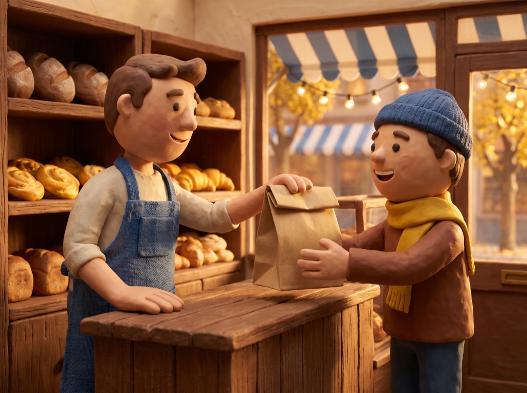 a clay baker handing a paper bag across the counter to a happy neighbor