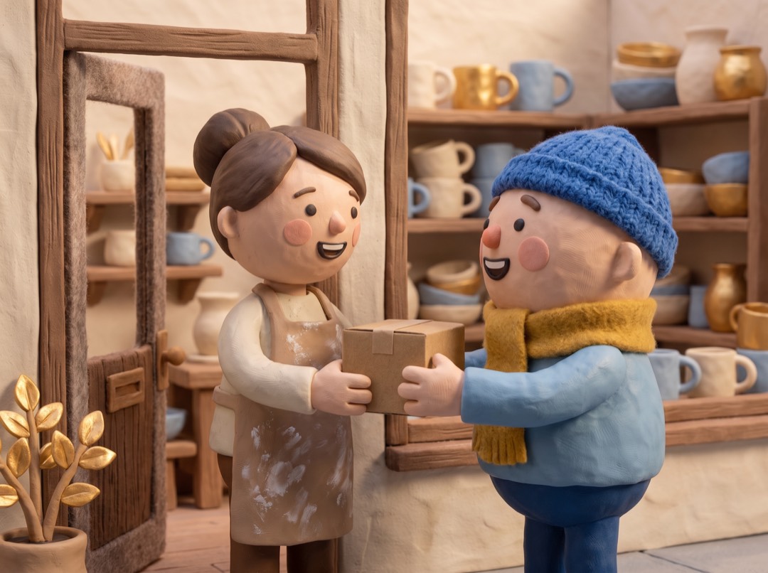 a smiling clay potter taking back a small box from a neighbor at her shop door