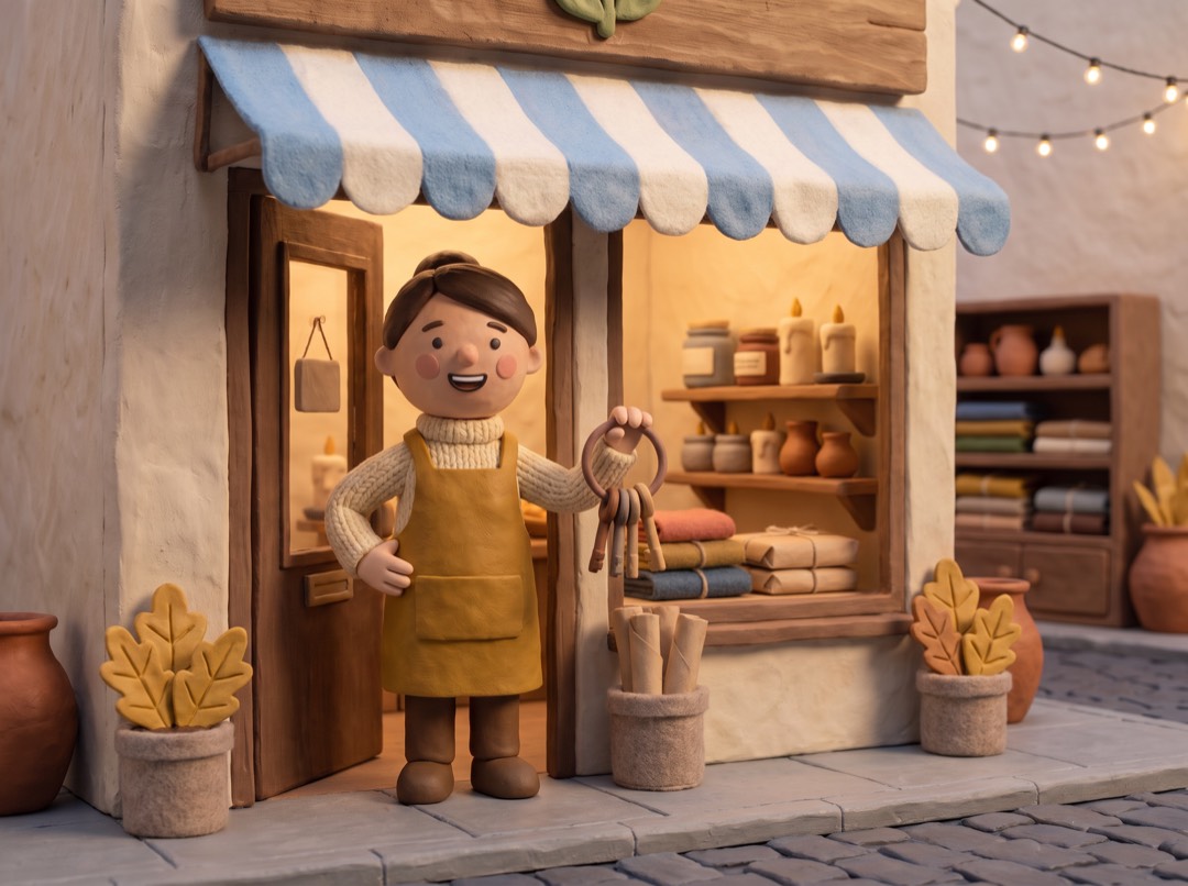 a proud clay shop owner holding up her keys in the doorway of her shop