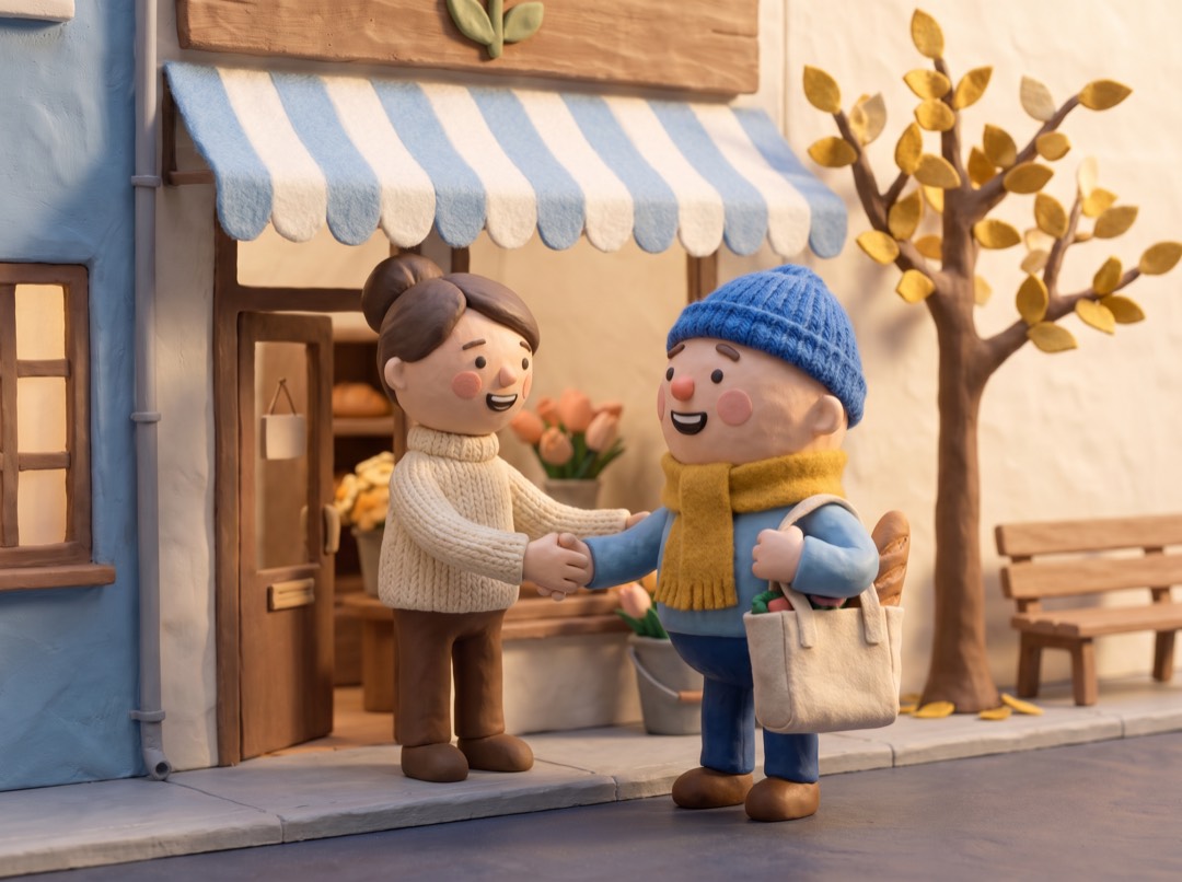 a clay shop owner and a neighbor shaking hands outside a little shop